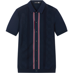 BM提花开衫针织短袖t恤男2025新款潮流条纹男士高端polo衫翻领夏