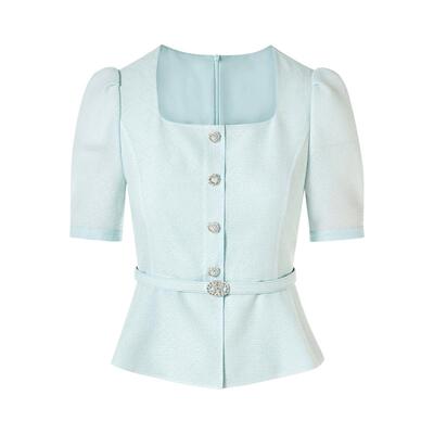 朗姿集团LIME莱茵时尚方领短袖荷叶边设计上衣高腰半身裙套装25夏