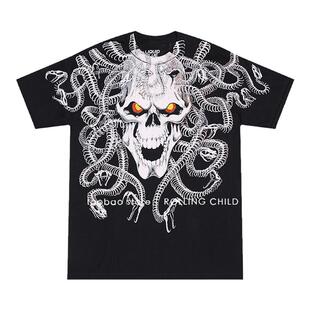 正版机械美杜莎骷髅满面孔印花vintage嘻哈摇滚乐队短袖T恤现行版