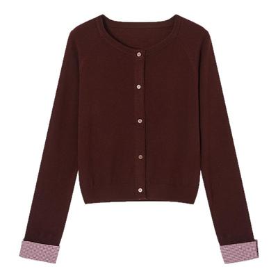 ACMEAURA休闲格纹拼接毛衣开衫女秋季正肩慵懒感显瘦短款针织外套