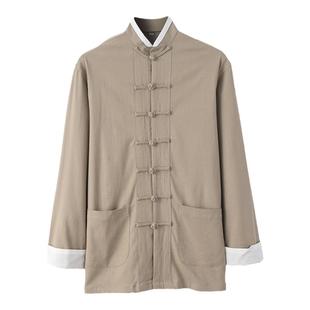 高档唐装男青年国潮长袖弹力棉麻上衣复古中国风中式服装男生外套