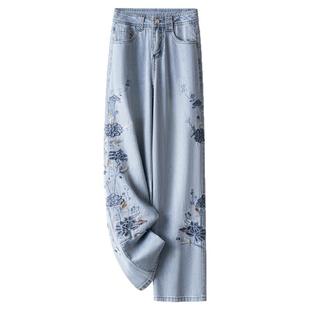 加绒加厚国风刺绣直筒牛仔裤女2025冬季新款高腰显瘦垂感阔腿裤子