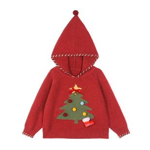 小O宝童装 宝宝连帽毛衣女红色2025冬装女童圣诞新年针织衫毛线衣