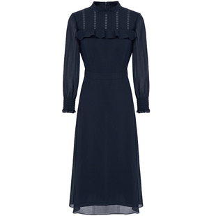 专柜正品马天奴女秋冬藏蓝绣花连衣裙气质裙子泡泡袖高腰礼裙