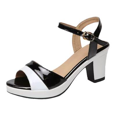 真皮凉鞋女粗跟妈妈鱼嘴中高跟鞋