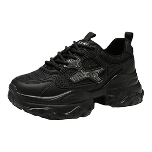 星期六黑色老爹鞋女显脚小2026春季新款超好看水钻厚底休闲运动鞋