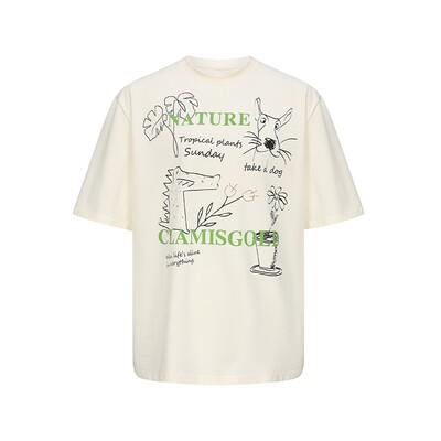 岚室*美式植物涂鸦五分袖T恤男女