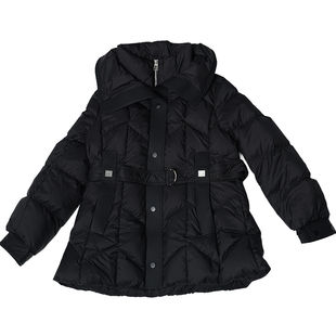 oo&vv黑色中长款大方领羽绒服女2025冬立领系带收腰显瘦保暖外套