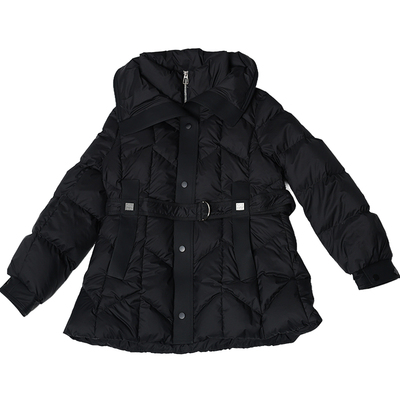 oo&vv黑色中长款大方领羽绒服女2025冬立领系带收腰显瘦保暖外套