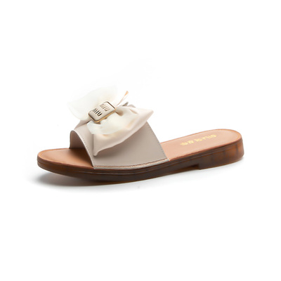 平底休闲蝴蝶结头层牛皮一字拖