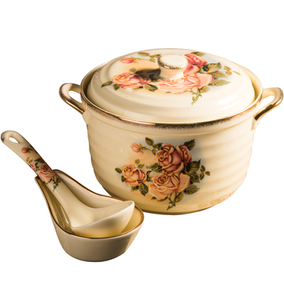 金玫瑰韩式风高档陶瓷带盖汤碗