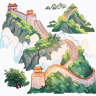 手绘水彩万里长城烽火台手绘长城八达岭烽火台插画PNG免扣素材