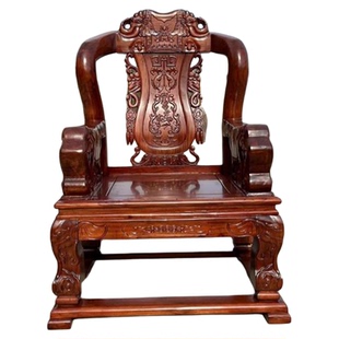 中式全实木宝座北方老榆木仿古雕花主人椅吉象牡丹单人扶手老板椅