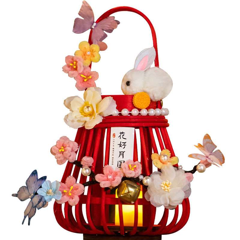 中秋节古风藤编成品灯笼儿童手提发光小兔子花灯手工diy拍照道具
