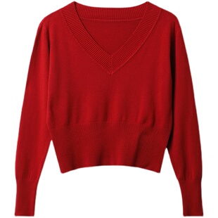 v领针织衫女2026春季新款女装 收腰上衣小个子短款毛衣修身打底衫
