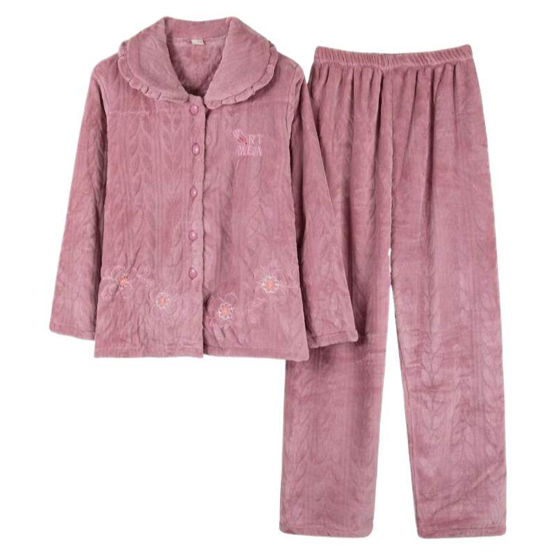 妈妈睡衣女秋冬季珊瑚绒加绒加厚法兰绒冬天大码中老年家居服套装