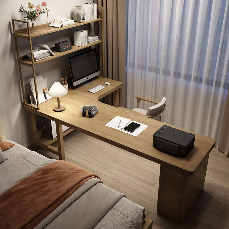 实木L型转角书桌书架组合一体桌简约工作台桌学习写字办公电脑桌