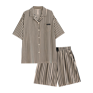 悦内女士睡衣女款夏款夏季纯棉短袖短裤家居服夏天开衫条纹套装