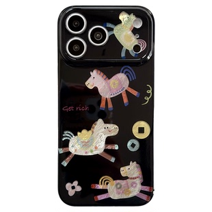 jze 新中式国风缕空可爱小马插画适用苹果17ProMax手机壳iphone15新款16pro女13双层15pro本命年14防摔保护套