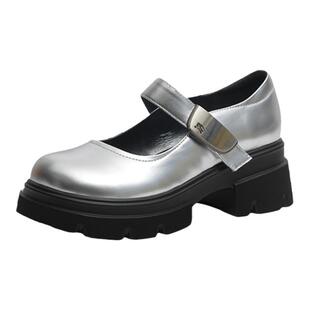 红蜻蜓银色玛丽珍鞋新款厚底女鞋复古松糕单鞋粗跟增高学院小皮鞋