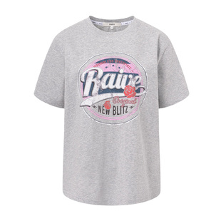 RAIVE2026春季女印花蓝色灰色复古圆领花卉图案宽松短袖T恤