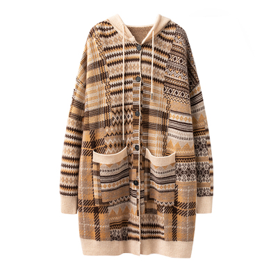 羊绒开衫女带帽加厚毛衣100纯山羊绒长款连帽大衣帽衫针织外套