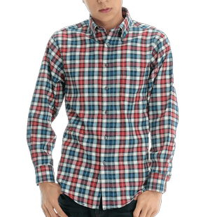 AF春秋款磨毛深红色格子男士长袖衬衫休闲修身格纹法兰绒外套衬衣