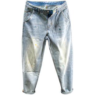 三古木棉做旧浅色水洗牛仔裤男春夏大码撞色泼墨裤子男宽松直筒