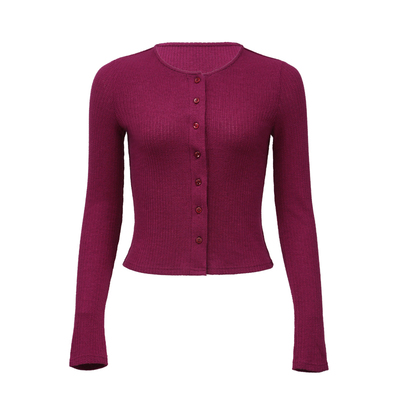 紫色复古纽扣开衫长袖针织衫