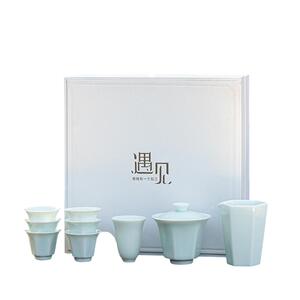 陶瓷影青釉六边形盖碗整套茶具