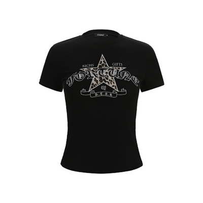 KKBBU复古豹纹星星刺绣修身T恤