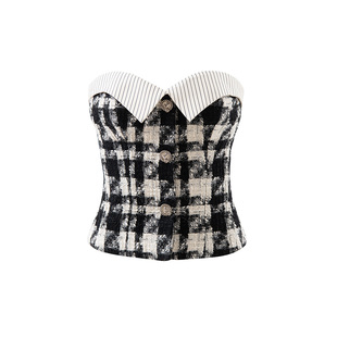 JELLOJELLO25冬千鸟格编织羊毛粗花呢拼接条纹衬衫领抹胸