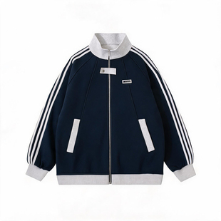 V37美式三条杠棒球服男夏季重磅潮牌条纹运动夹克青少年拼接外套