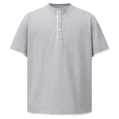 万有引力博物馆 撞色半开领短袖T恤女夏季新款宽松中性风纯棉上衣