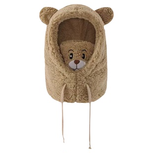 小熊帽子冬天可爱围巾口罩一体护耳帽冬季毛绒围脖连帽女防风保暖