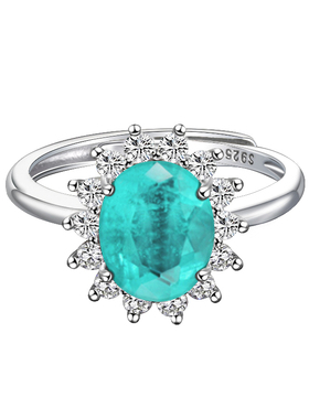 帕拉伊巴戴妃款蛋形围镶戒指 925银仿碧玺宝石电光蓝色活口女戒