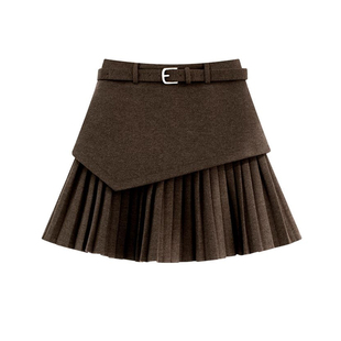 复古毛呢半身裙女冬季新款时尚拼接假两件百褶裙包臀高腰a字短裙