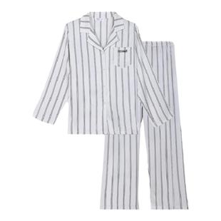 夏娃之秀夏季新款睡衣女长袖丝滑可外穿家居服时尚条纹两件套套装