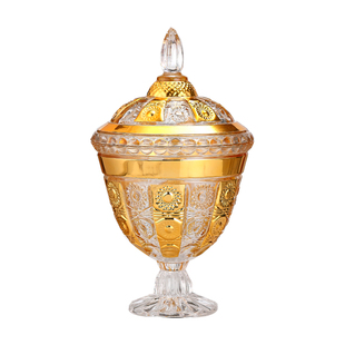 欧式宫廷款欧式皇冠浮雕带盖玻璃糖罐太阳花干果罐储物罐摆件