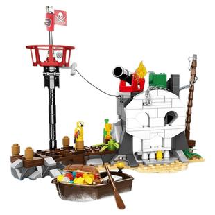沃马海盗船积木儿童拼装玩具帆船海岛城堡金银岛模型男孩小船港口