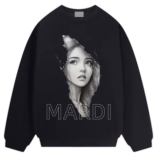 Mardi加绒宽松圆领纯棉慵懒风人物素描卫衣女2026年韩系休闲上衣