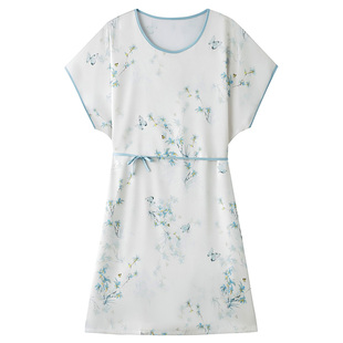 真丝睡裙女夏季短袖高档腰带薄款小碎花大码宽松家居服冰丝睡衣