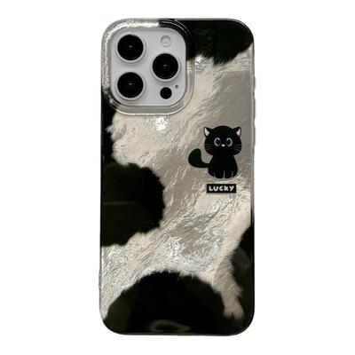 卡通可爱小黑猫带链条适用苹果17手机壳锡纸纹iPhone16ProMax新款15pro防摔13女款小众12硅胶14pro创意全包软