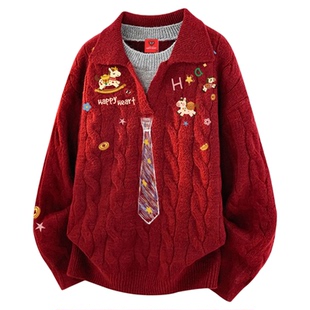 查尔斯桃心涂鸦领带假两件针织衫男马年2026冬季新款宽松慵懒毛衣