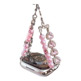 珍珠爱心宝石金属闪钻链夏适用于苹果iwatch10代s987女静静的表带