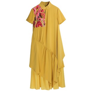 杨丽萍原创设计官方民族风中国风刺绣绣花短袖黄色圆领连衣裙夏秋