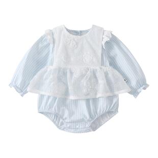 拉果女婴幼童洛丽塔风爬服春装洋气蕾丝花边公主裙条纹包屁衣套装
