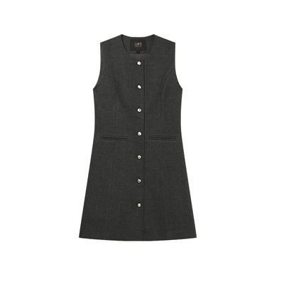 白鹿语优雅毛呢开衫式背心裙25秋冬款气质圆领单排扣无袖连衣裙女