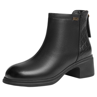 红蜻蜓短靴女粗跟黑色气妈妈鞋