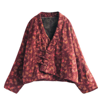 新中式棉麻碎花复古盘扣加绒棉袄